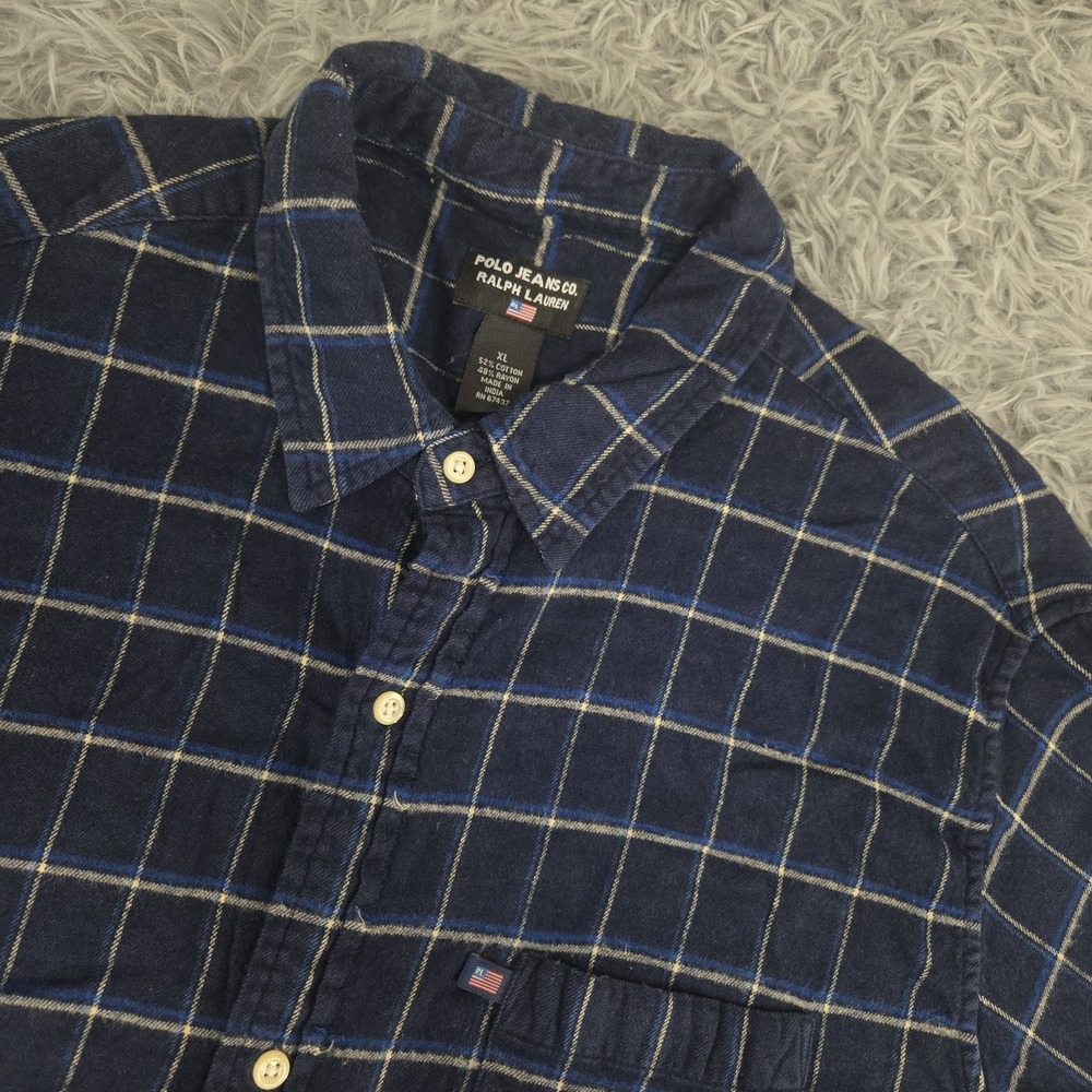 Polo Jeans Ralph Lauren Mens XL Blue Plaid Cotton Blend S/S Button Front Shirt